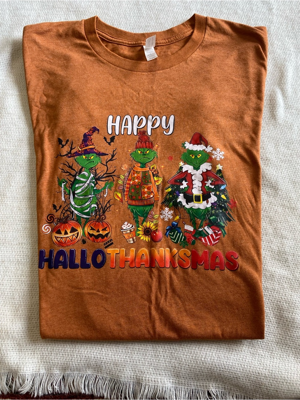 Bella Canvas Orange 'Happy Hallothanksmas' Holiday Graphic Tee